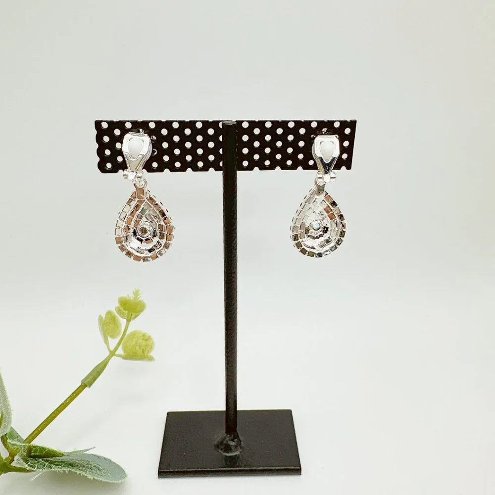 CLIP ON Small Pear Shape AB Color Rhinestone Earrings - Picture 6 of 10